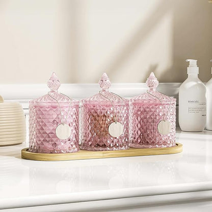 3Pack Pink Glass Qtip Holder Set with Bamboo Tray - 10oz Diamond-Facet Apothecary Jars with Lids - Bathroom Canisters for Cotton Swabs, Balls, Pads & Floss Picks - Vanity Storage Organizer