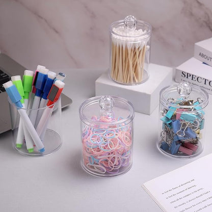WEISHI 6 Pack Qtip Holder Dispenser -Cotton Ball, Swab, Round Pads, Floss , Small Clear Plastic Apothecary Jar Containers with Lids for Bathroom Storage and Organization, Vanity Organizer
