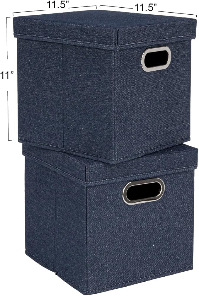 Household Essentials Collapsible Cotton Blend Cube Storage Box with Lid and Metal Grommet Handle, Set of 2, Denim