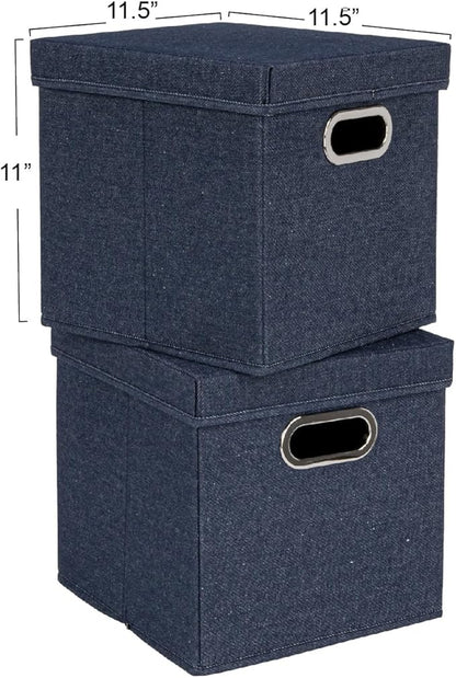 Household Essentials Collapsible Cotton Blend Cube Storage Box with Lid and Metal Grommet Handle, Set of 2, Denim