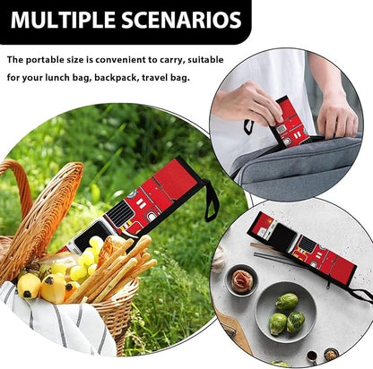 COEQINE Car Themes Travel Silverware Case Red Fire Truck Cartoon Flatware Organizer Case With Zipper Portable Handles Travel Frok Spoon Knife Case for Work