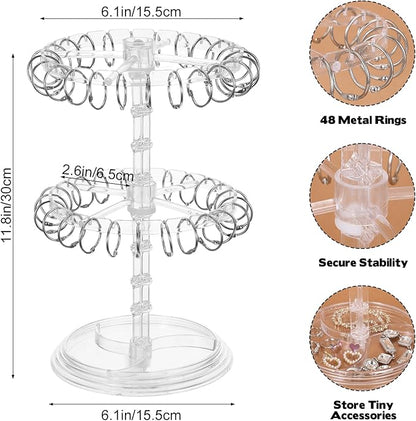 2-Tier Acrylic Claw Clip Organizer Rack with Tray, Large Rotatable Capacity Hair Claw Clips Holder for Bathroom Bedroom, Durable Clear Hair Accessories Organizer Storage with 48 Metal Rings