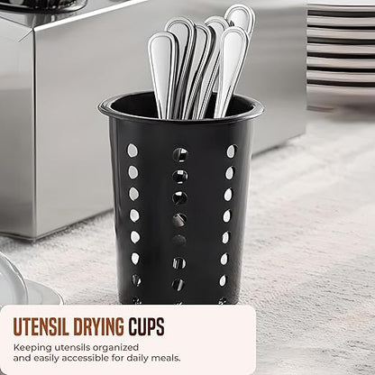 OCS Parts Perforated Utensil Drying Cups | Black | Set of 3 | Plastic Flatware Holder Cylinders for Kitchen Counter Organization