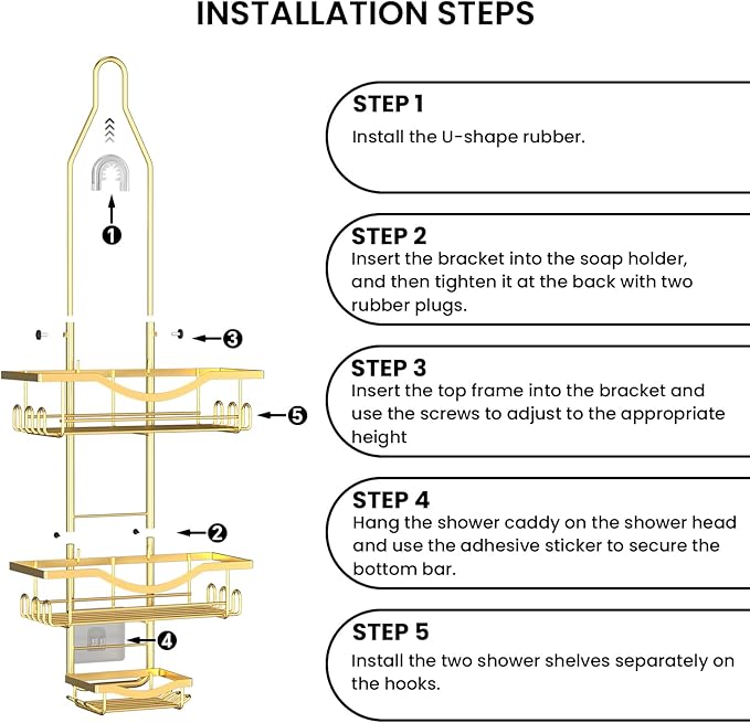 Shower Caddy Hanging Adjustable Shower Caddy, Rustproof Shower Organizer Extended Length Showers Caddy Over Shower Head with Hooks Soap Holder, Large Capacity Anti-Swing Bathroom Organizer, Gold