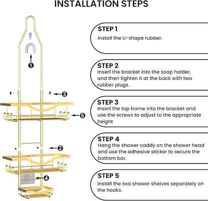 Shower Caddy Hanging Adjustable Shower Caddy, Rustproof Shower Organizer Extended Length Showers Caddy Over Shower Head with Hooks Soap Holder, Large Capacity Anti-Swing Bathroom Organizer, Gold
