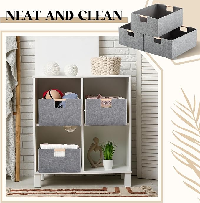 Cinnvoice 3 Pack Fabric Storage Bins for Closet Shelves, Rectangle Wardrobe Organizer with Handle, Collapsible Shelves Storage Basket for Sorting Clothes and Toy (Grey,15 x 10.6 x 6 Inch)