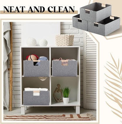 Cinnvoice 3 Pack Fabric Storage Bins for Closet Shelves, Rectangle Wardrobe Organizer with Handle, Collapsible Shelves Storage Basket for Sorting Clothes and Toy (Grey,15 x 10.6 x 6 Inch)