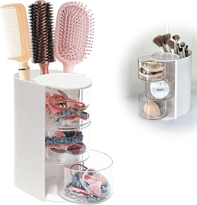 Hair Accessories Organizer & Hair Brush Holder, 3-Tier Clear Hair Accessory Organizer Rotatable Small Jewelry Box for Clip Earring Necklaces, Bows & Brushes The Latest Gift for A Girl. white