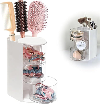 Hair Accessories Organizer & Hair Brush Holder, 3-Tier Clear Hair Accessory Organizer Rotatable Small Jewelry Box for Clip Earring Necklaces, Bows & Brushes The Latest Gift for A Girl. white