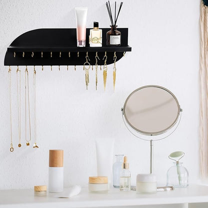 Hanging Jewelry Organizer with 25 Hooks and Cosmetics Shelf, Modern Wood Wall Mounted Jewelry Holder for Necklaces, Bracelets, Earrings and Rings, Black