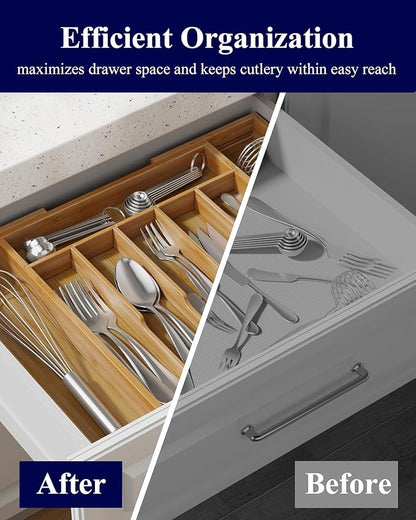 Kitsure Silverware Organizer - Expandable Bamboo Kitchen Drawer Organizer for Cooking Utensils and Cutlery, Sturdy & Thickened Kitchen Organizers and Storage Solution, Large, Natural