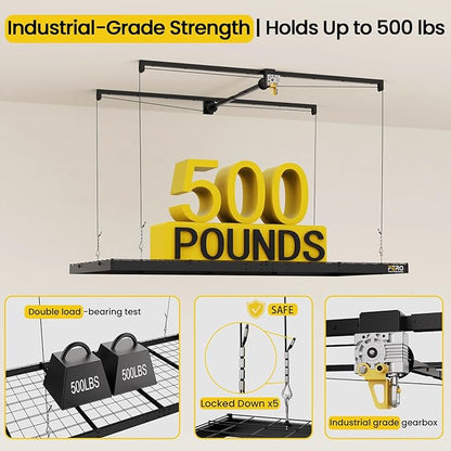 FERO Overhead Garage Storage Rack 4x8, 500 lb Heavy-Duty Capacity, Ceiling Mounted Storage Lift with Safety Lock, Drop Down Overhead Storage System, Garage Ceiling Hoist Organizer
