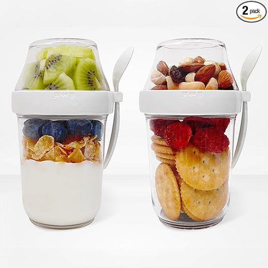 Felli On the Go Yogurt Parfait Snack Cup 12 oz with Spoon & Lid, 100% Leak Proof Granola Holder for To Go Breakfast Cereal Fruit Overnight Oats Container Reusable, Travel Hiking Camping (2, White)