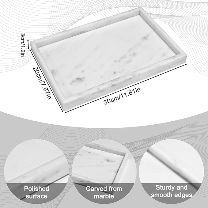 Pure Natural Marble Tray for Bathroom, Dresser, Sink. Cosmetics, toiletries, perfumes, Jewelry, Candles, etc. can be Placed (Starry White, 12" x 8" x 1.2")