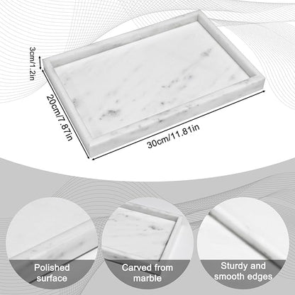 Pure Natural Marble Tray for Bathroom, Dresser, Sink. Cosmetics, toiletries, perfumes, Jewelry, Candles, etc. can be Placed (Starry White, 12" x 8" x 1.2")