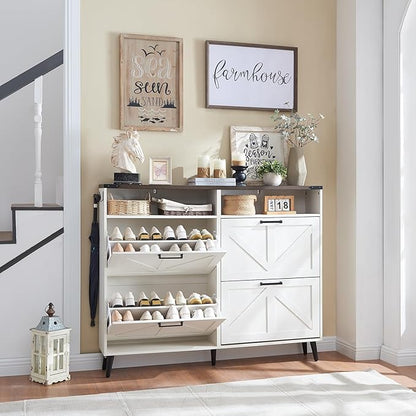 Barnyatoh Shoe Storage Cabinet,Farmhouse Shoe Organizer with 4 Flip Drawers & Barn Door Design,Freestanding Hidden Slim Narrow Shoe Rack with Open Shelves for Entryway,Foyer,Hallway,Antique White