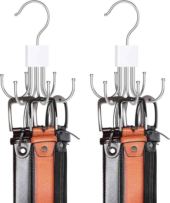 Belt Rack Hanger, Belt Hanger Organizer for Closet 360° Rotatable Max 24 Ties/24 Belts Storage Space Saving Closet Organizers and Storage for Belt, Bra, Tank Top, Tie, Scarf, Purse 2Pcs White