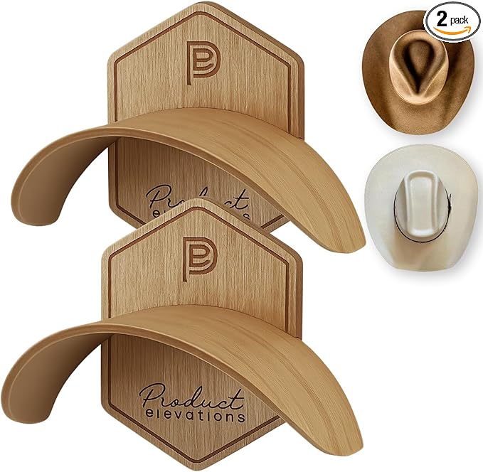 Hat Hooks for Wall Set of 2 – Cowboy Hat Hanger for Fedoras, Caps & Wide Brim Hats – Wooden Curved Rack Preserve Hat Shape – Wall-Mounted Cap Holder for Door & Closet