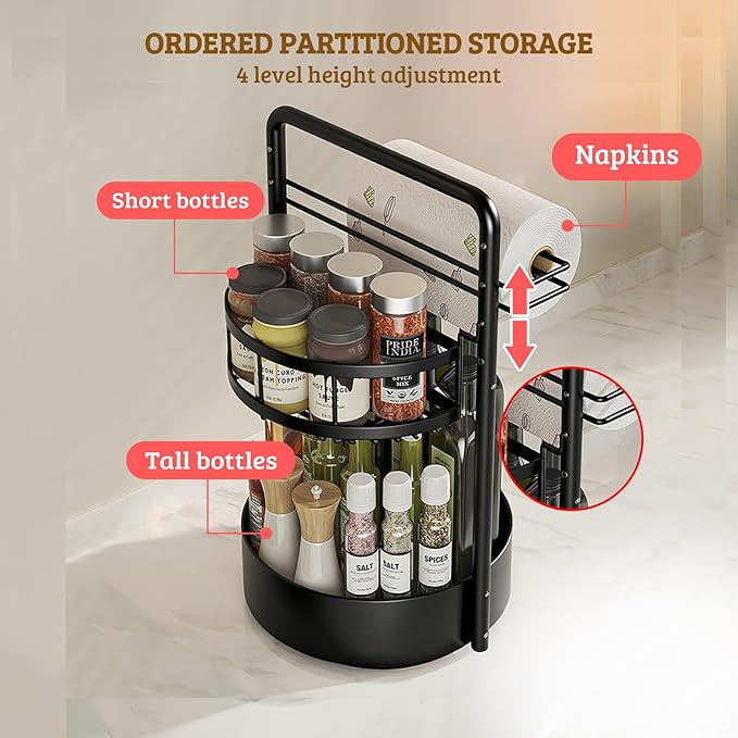 Rotating Spice Rack with Paper Towel Holder, 2 Tier Turntable Lazy Susan, Seasoning Organizer for Kitchen Countertop Cabinet, Black
