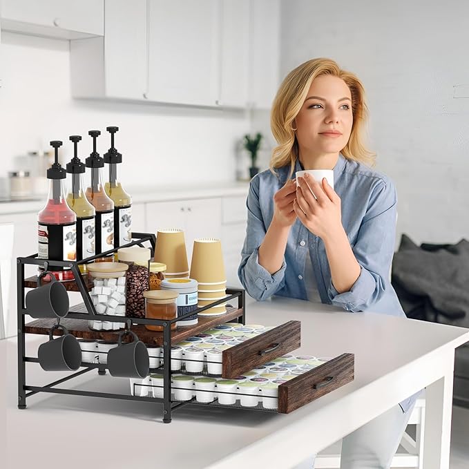 Homsorout Coffee Syrup Rack Organizer - 4-Tier 8 Syrup Wine Bottles Stand with 82 Storage Drawer for K Cups, Coffee Pod Holder for Countertop, Bar Station, Kitchen, Rustic Brown