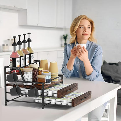 Homsorout Coffee Syrup Rack Organizer - 4-Tier 8 Syrup Wine Bottles Stand with 82 Storage Drawer for K Cups, Coffee Pod Holder for Countertop, Bar Station, Kitchen, Rustic Brown