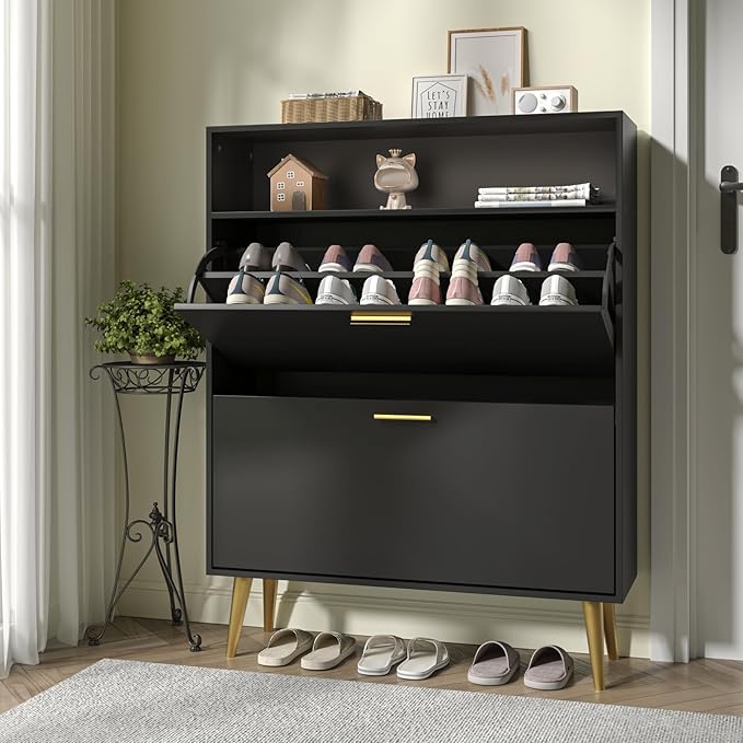 JOZZBY Shoe Cabinet Storage for Entryway, Freestanding Slim Shoe Organizer Cabinet with 2 Flip Drawers, Narrow Shoe Rack with Open Shelves for Hallway, Living Room, Black