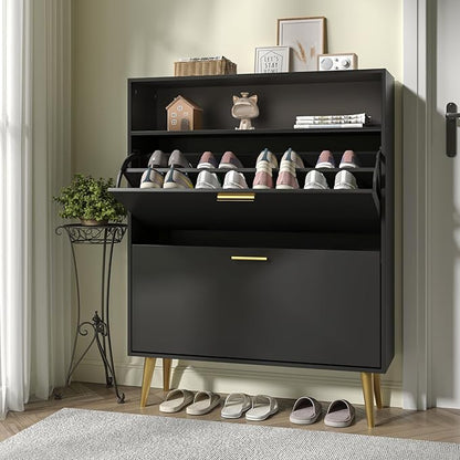 JOZZBY Shoe Cabinet Storage for Entryway, Freestanding Slim Shoe Organizer Cabinet with 2 Flip Drawers, Narrow Shoe Rack with Open Shelves for Hallway, Living Room, Black