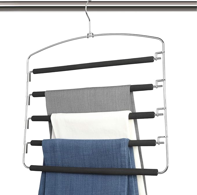 Pants Hangers 5 Layers Metal Slack Magic Hangers Non-Slip Foam Padded Swing Arm Space Saving Hanger Clothes Closet Storage Organizer for Pants Jeans Trousers Skirts Scarf Ties Towels