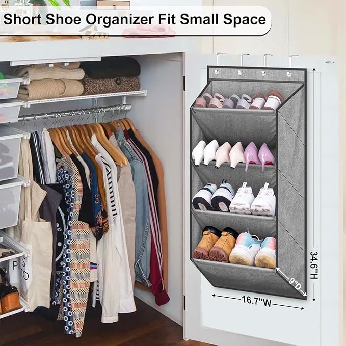 SLEEPING LAMB Over the Door Shoe Organizer for Closet, Short Hanging Shoe Rack with Large Deep Pockets, Narrow Door Sneaker Storage for Boots in RV, Dorm, Grey