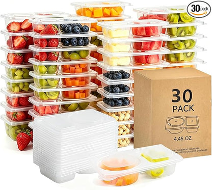 30pcs Reusable Snack Containers with Lids,2025 New 2 Compartment Plastic Containers for Pack Snacks,Leakproof Double Compartment Condiment Pack for Meal Prep, Portion Control,On-the-Go School Travel