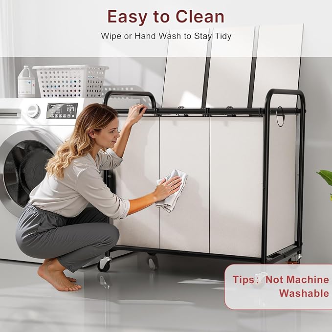 180L Laundry Sorter 3 Section – Heavy Duty Rolling Laundry Basket with Lockable Wheels and Lid, 3 Large Separate Removable Bags, Laundry Hamper Cart for Laundry Room Organizer (White)