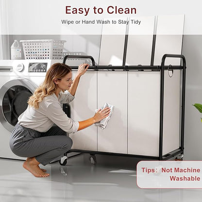 180L Laundry Sorter 3 Section – Heavy Duty Rolling Laundry Basket with Lockable Wheels and Lid, 3 Large Separate Removable Bags, Laundry Hamper Cart for Laundry Room Organizer (White)