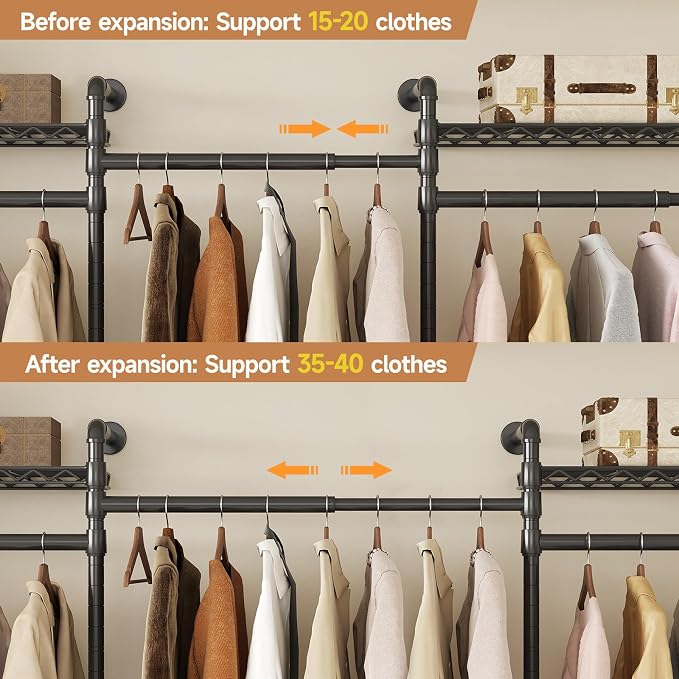 Wall Mounted Garment Rack, Walk-in Closet System with Expandable Rods, Adjustable Shelves, Industrial Pipe Clothing Racks, Hanging Clothes Organizers and Storage, Metal Closet Shelving Wardrobe