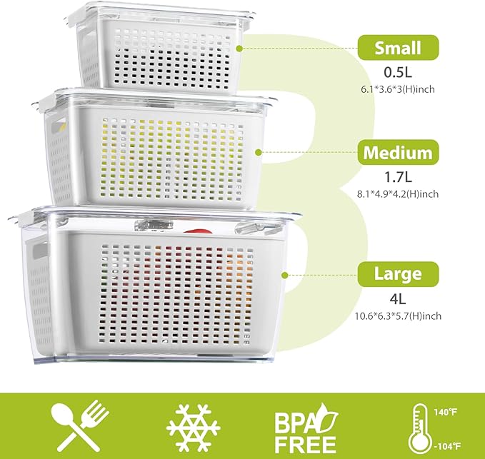 LUXEAR Fresh Container, 3PACK Produce Saver Container BPA Free Fridge Organizer for Vegetable Fruit and Salad Partitioned Food Storage Container with Vents Stay Fresh Containers Not Dishwashers Safe