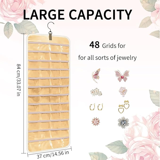 Bloss Hanging Jewelry Organizer with 48 Pockets, Double-Side Hanging Jewelrys Holder with Hanger Hooks, Jewelry Organizers and Accessories Storage for Earrings, Necklaces and Rings,Beige