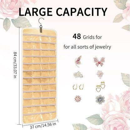 Bloss Hanging Jewelry Organizer with 48 Pockets, Double-Side Hanging Jewelrys Holder with Hanger Hooks, Jewelry Organizers and Accessories Storage for Earrings, Necklaces and Rings,Beige