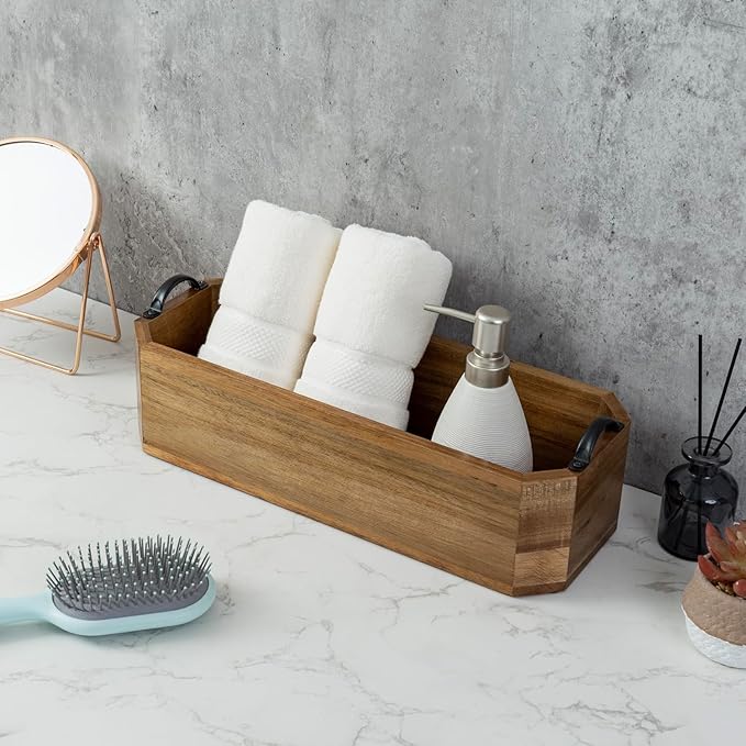 MyGift Wooden Bathroom Tray - Toilet Tank Organizer Basket, Wood Toilet Paper Holder & Toiletry Caddy with Metal Handles for Vanity Countertop