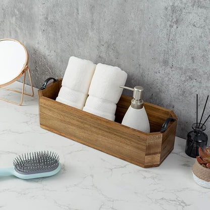 MyGift Wooden Bathroom Tray - Toilet Tank Organizer Basket, Wood Toilet Paper Holder & Toiletry Caddy with Metal Handles for Vanity Countertop