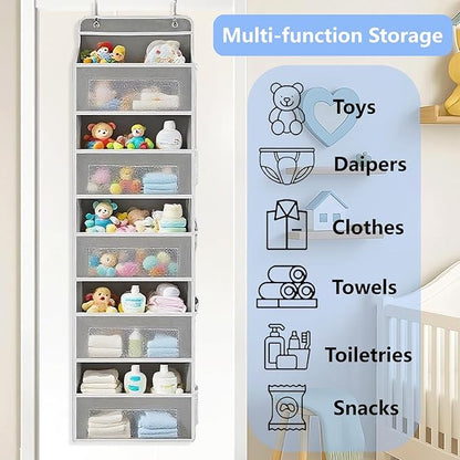 Over the Door Organizer with 5 Front Pockets and 5 Mesh Side Pockets,Extra Large Hanging Organizer for Over the Door Storage in Bedroom, Bathroom, Pantry, Nursery (Grey)