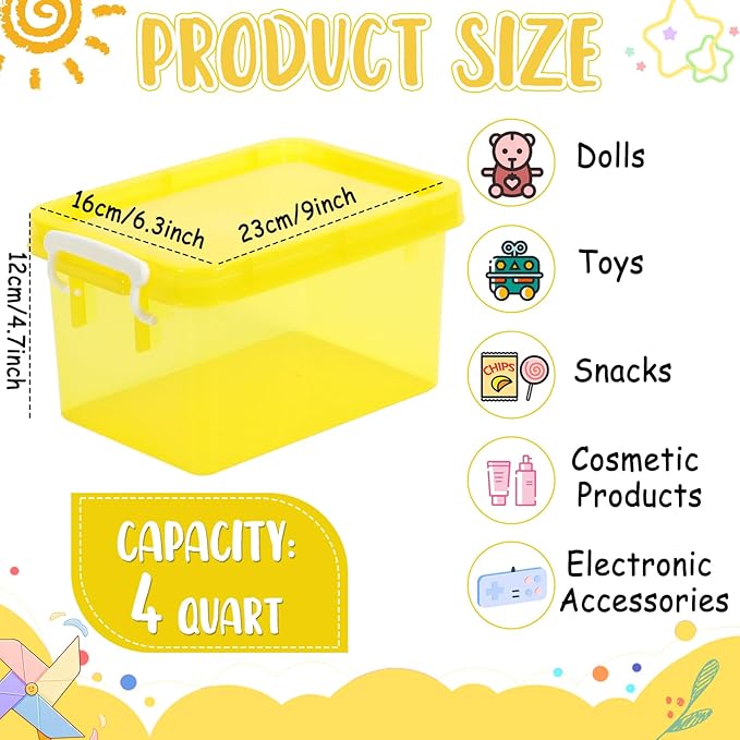 6 Pack 4 Quart Colorful Plastic Storage Bins with Lids Stackable Storage Bins with Latching Lids Handle Clear Colored Storage Organizer Bins for Home Office Pantry Containers(Yellow)