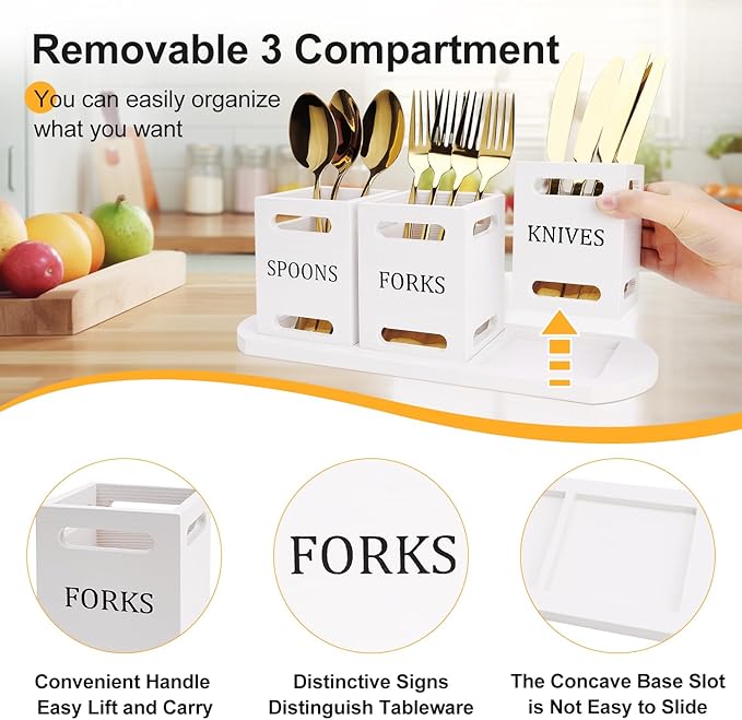 Ayiaren Wooden Flatware Silverware Caddy for Party White Cutlery Holder Small Utensil Holders for Kitchen Counter Wood Silverware Organizer Countertop Knife Fork and Spoon Holder Table Utensil Caddy