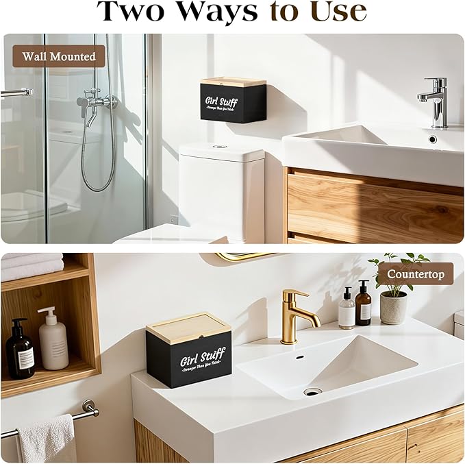 Luxspire Tampon Holder for Bathroom - Discreet Feminine Product Organizer with Lid & Wood Pad, Shark Week Tampon Storage Box, Stylish Girl Stuff Organizer for Bathroom, Black