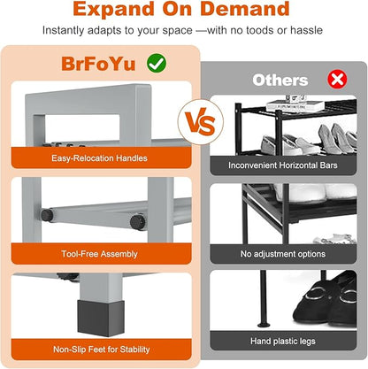 Expandable Shoe Rack for Closet Adjustable Metal Shoe Rack for Entryway 18.5"-33" Free Standing Shoe Organizer 12 Pairs with Hooks 3-Tier Small Shoe Shelf for Bedroom Garage Dorm Floor, Grey