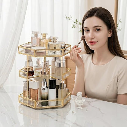 ZOOFOX 360 Degree Rotating Glass Makeup Organizer, Large Cosmetics Storage Display Holder with Gold Trim for Vanity, Clear Makeup Carousel for Perfume, Cosmetics, Brushes, Lotion, Lipsticks
