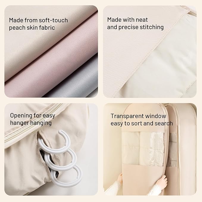 Space Saving Hanging Compression Garment Bag with Zipper for Closet Storage, Hanging Clothes Storage Bag, Garment Covers for Coats and Down Jackets, Beige, XL