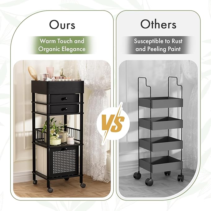 Amazer Bamboo Makeup Organizer Cart with 3 Drawers, Floor Skin Care Storage for Bathroom Bedroom, Rolling Vanity Organizer Cart for Cosmetic, Nail Polish, Perfume and Hair Tools, Black