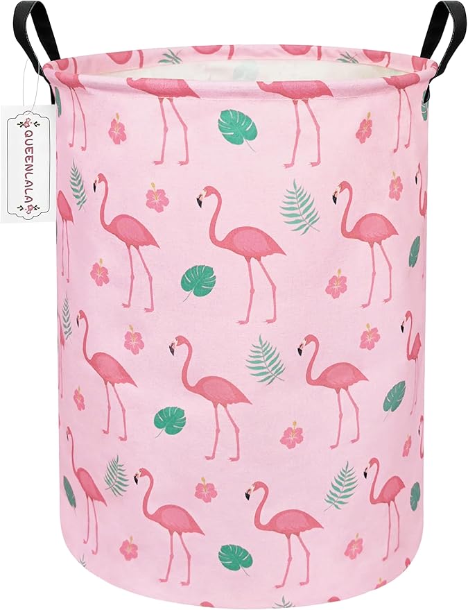 QUEENLALA Large Storage Basket,Laundry Hamper/Bathroom/Home Decor/Collapsible Round Storage Bin,Boys and Girls Hamper/Boxes/Clothing(Round-Pink Flamingo)