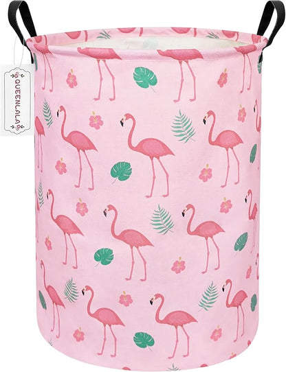 QUEENLALA Large Storage Basket,Laundry Hamper/Bathroom/Home Decor/Collapsible Round Storage Bin,Boys and Girls Hamper/Boxes/Clothing(Round-Pink Flamingo)