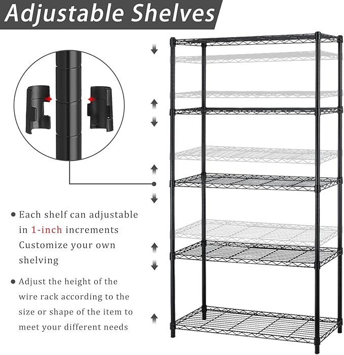 5 Tier Metal Shelving Unit Adjustable Wire Storage Shelves NSF Metal Storage Rack Shelf Organizer Kitchen Storage for Pantry Office, 1200Lbs Capacity, 72" H x 36" W x 14" D, Black