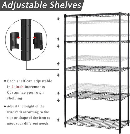 5 Tier Metal Shelving Unit Adjustable Wire Storage Shelves NSF Metal Storage Rack Shelf Organizer Kitchen Storage for Pantry Office, 1200Lbs Capacity, 72" H x 36" W x 14" D, Black